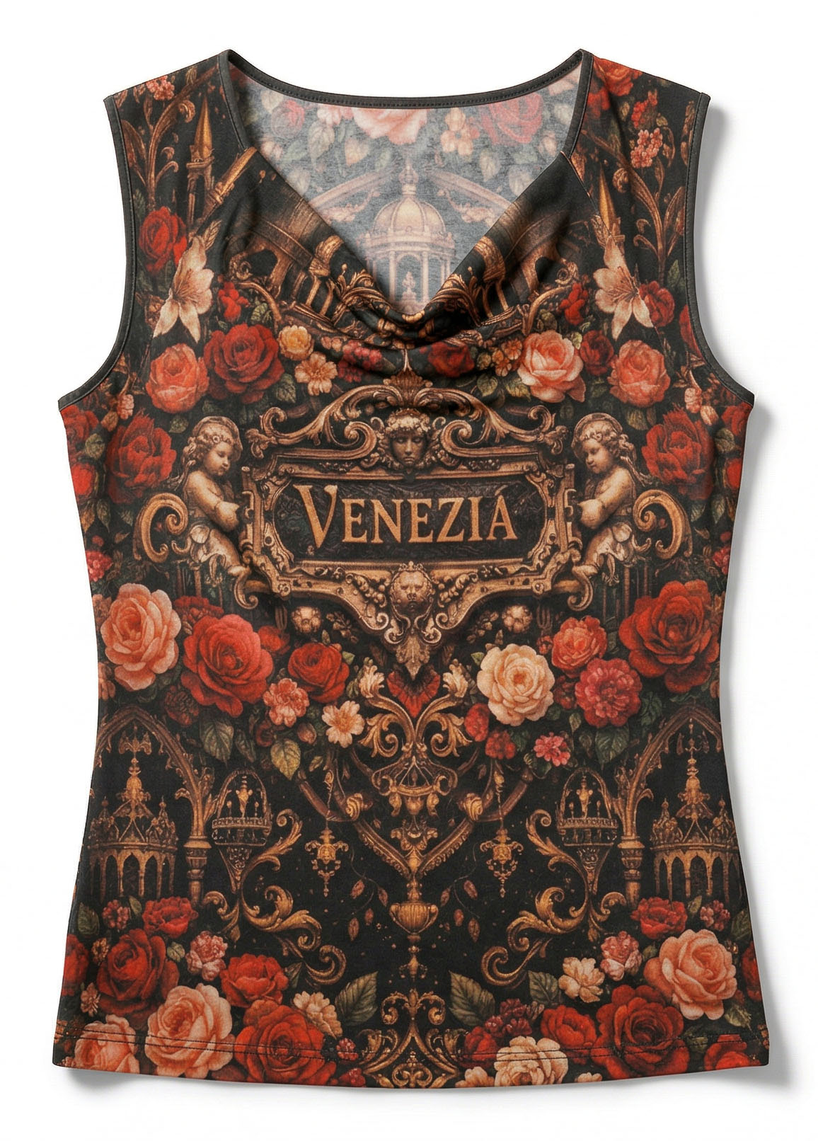 Drape Neck Top with Venetian Motifs
