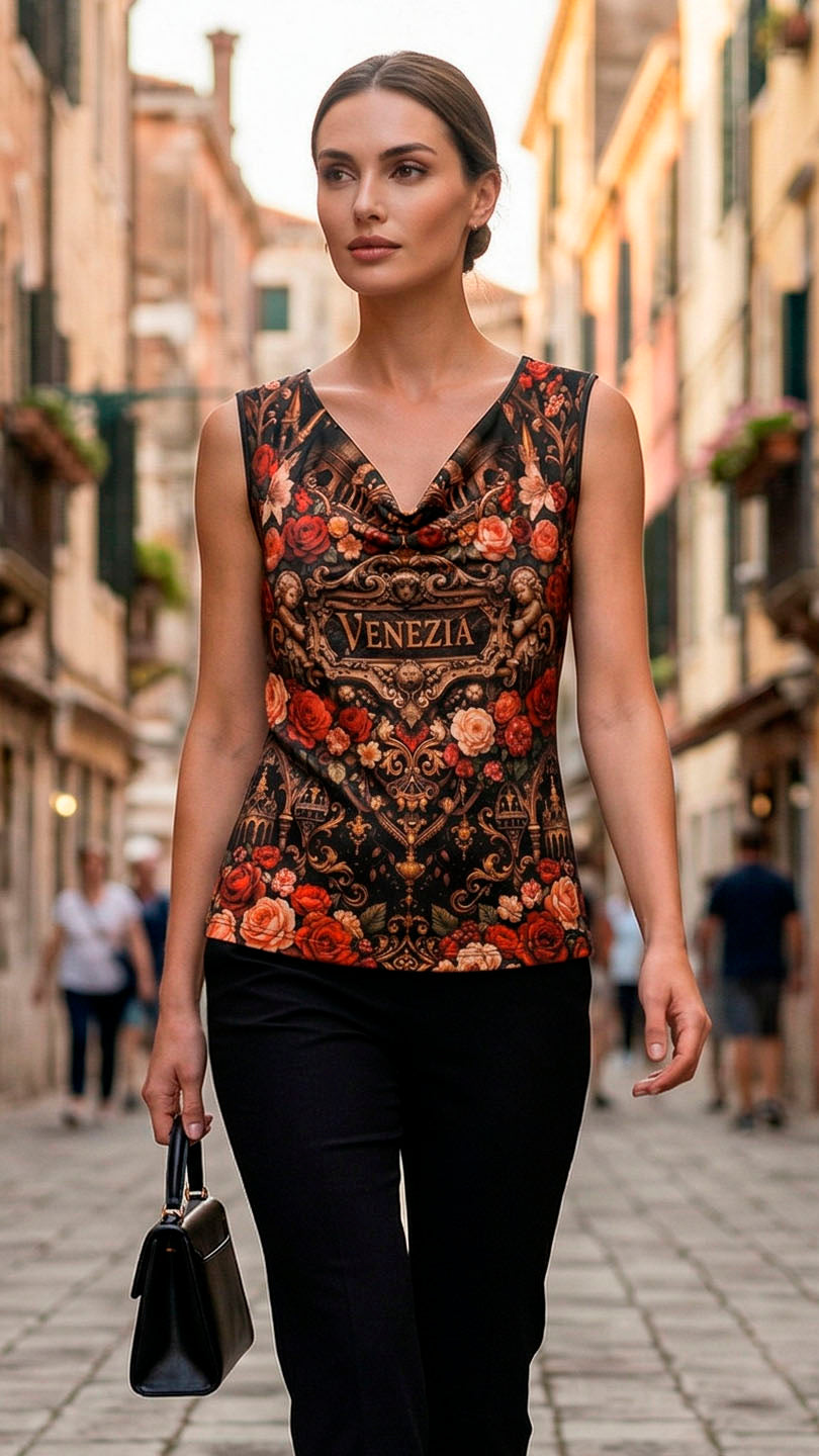 Drape Neck Top with Venetian Motifs
