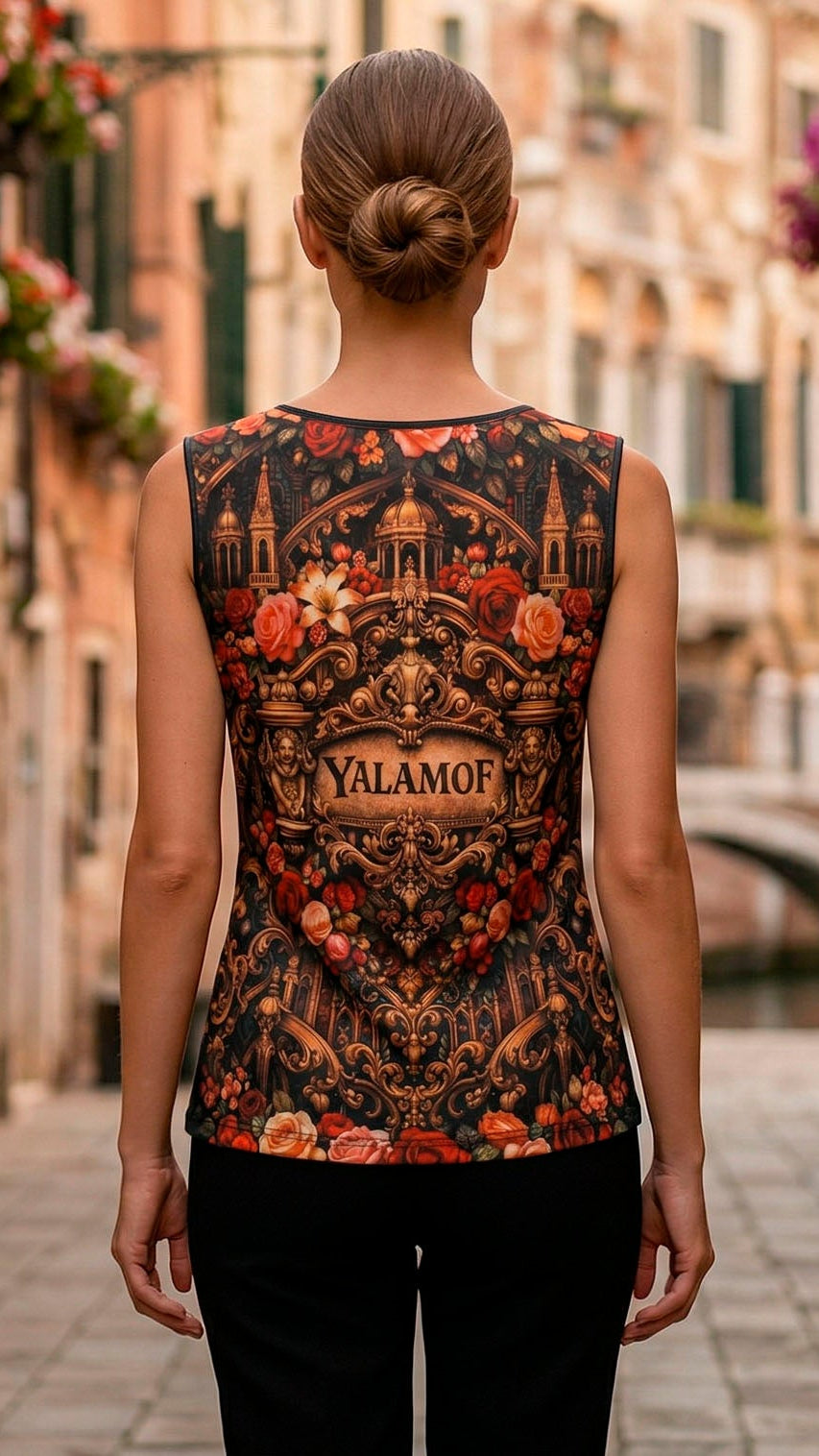 Drape Neck Top with Venetian Motifs