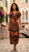 Linen Maxi Dress with Venetian Motifs