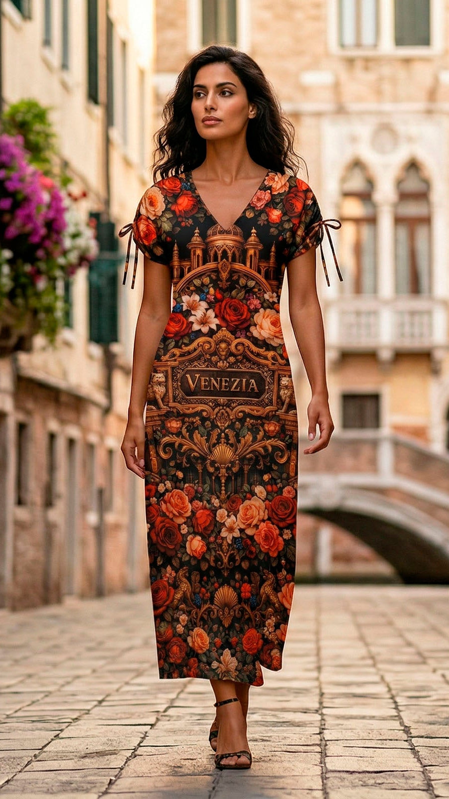 Linen Maxi Dress with Venetian Motifs