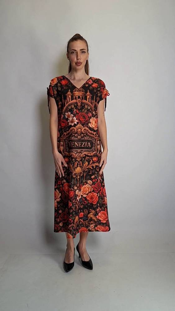 Linen Maxi Dress with Venetian Motifs